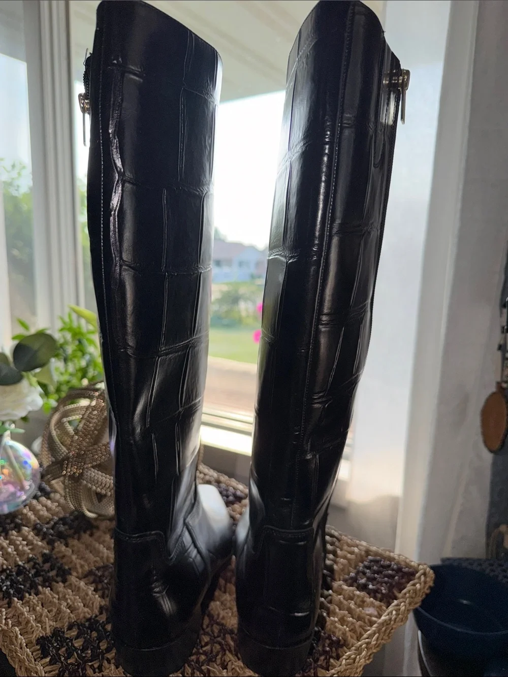 Vince Camuto Pavla Black Croc Embossed Leather Knee High Boots Size 6